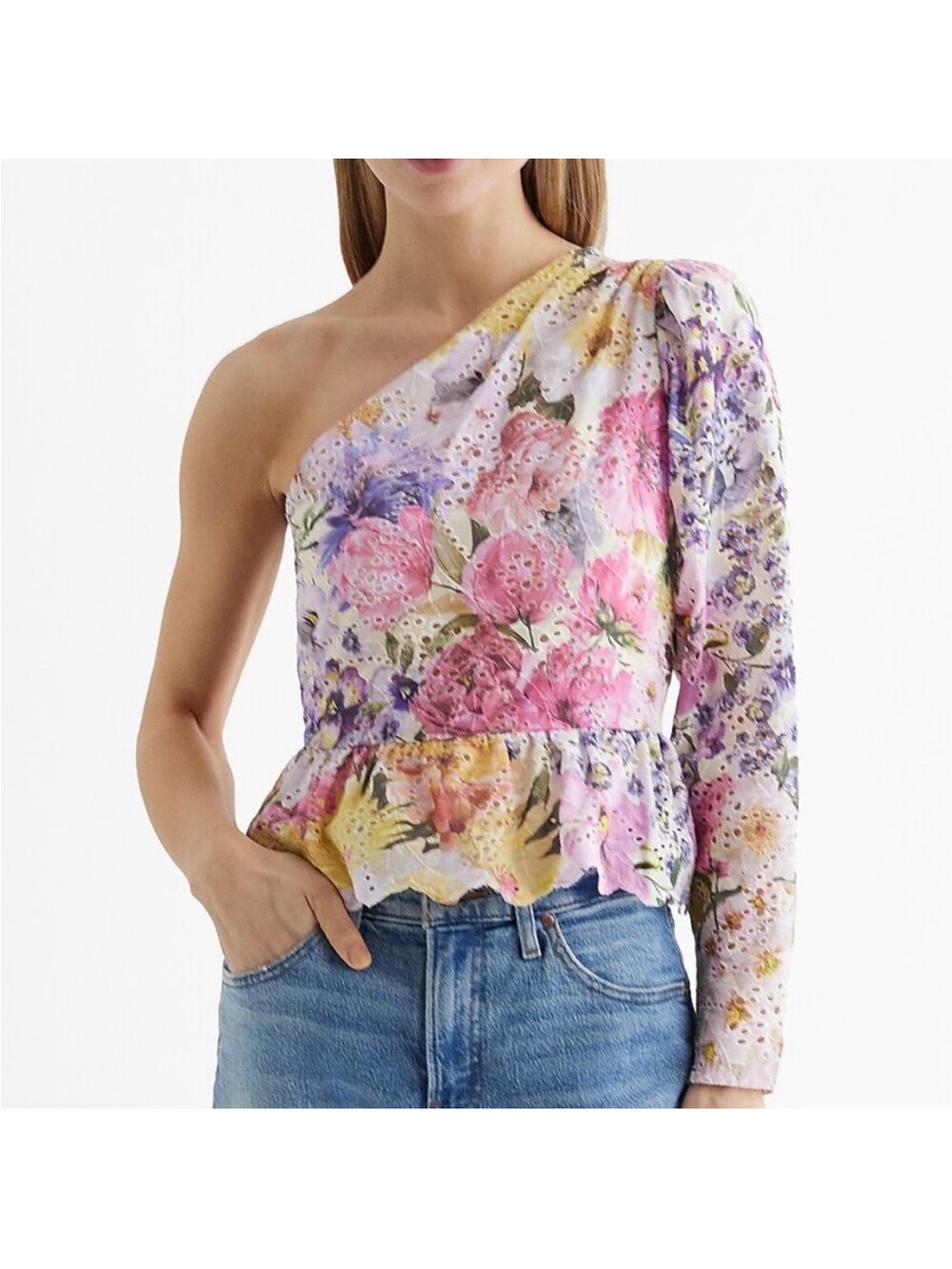 NWT Express One-Shoulder Floral Peplum Top - Pink, Purple, Yellow
